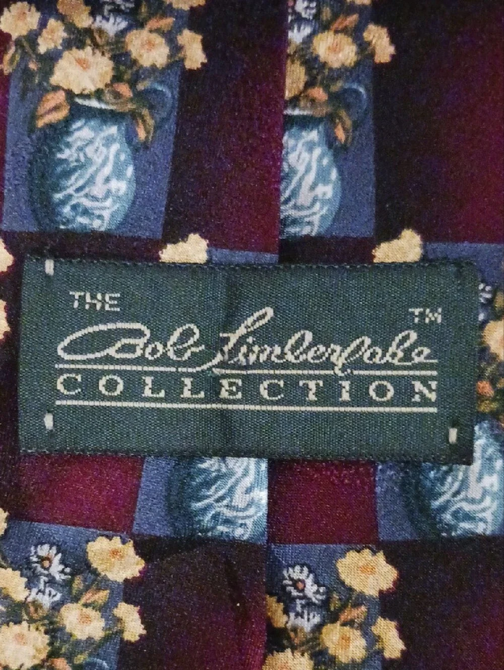 Men's Floral Vase Pattern Silk Tie - Burgundy and Blue
